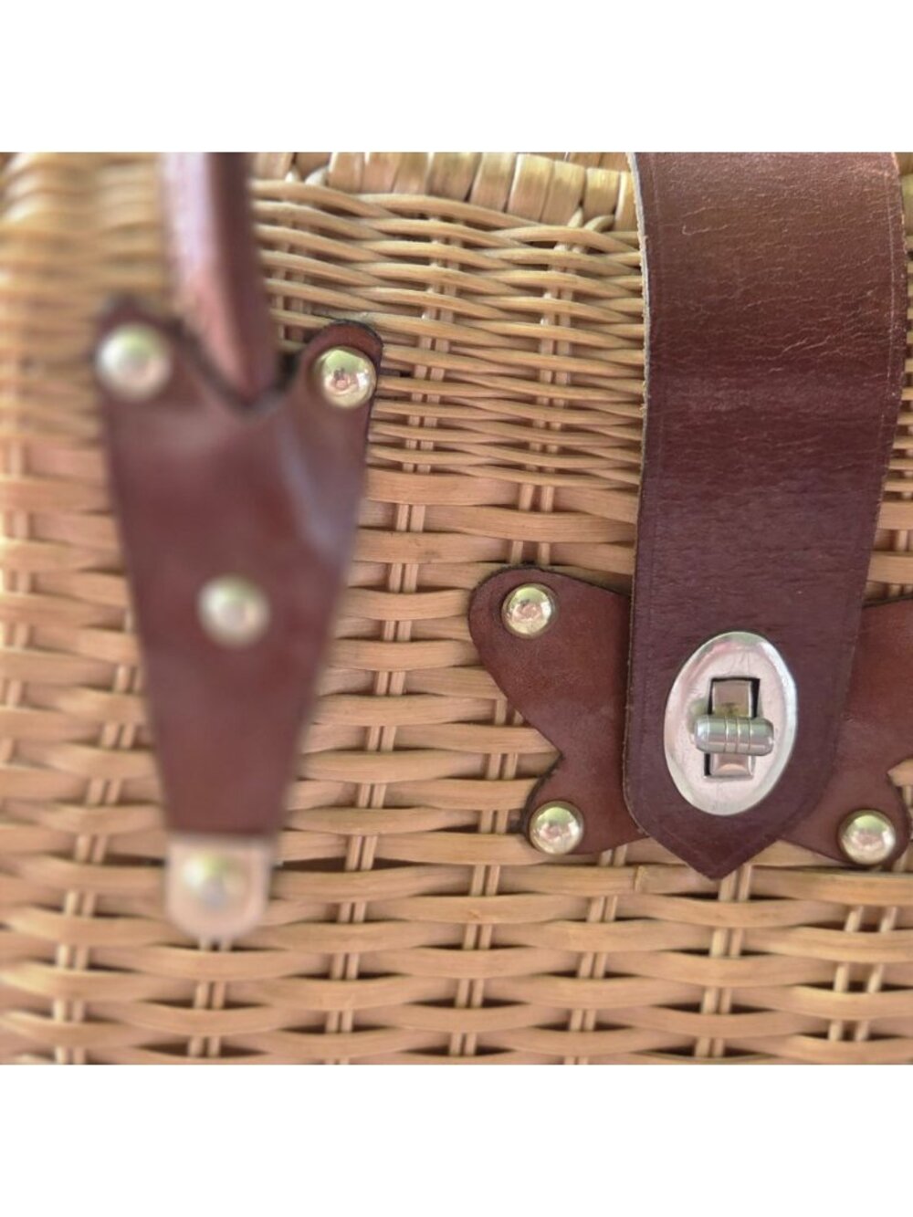 Goldeco Vintage 1960s Wicker Basket Handbag Leather Trim Top Handle Box Purse - Picture 2 of 16